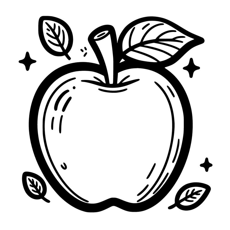 coloring page, simple, apple, white background, black line art