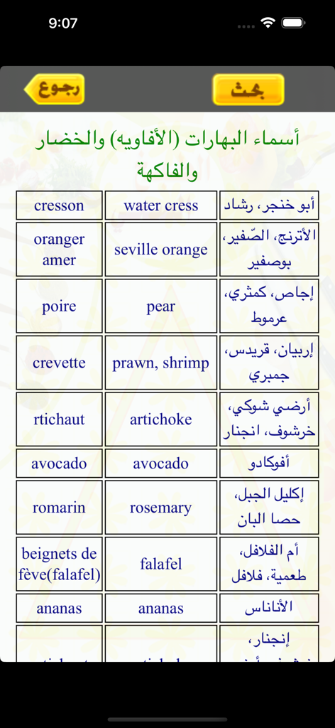 アラビア語、英語、フランス語で食材名を表示する、ヘルシー・クッキングアプリの食材翻訳用語集テーブル