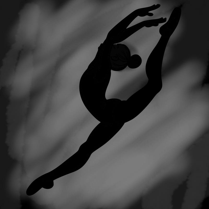 gymnast doing a leap in a leotard with a bent back leg