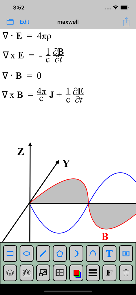 TechDraw - Technical diagram showing Maxwell equations and a physics wave graph within the TechDraw app interface.
