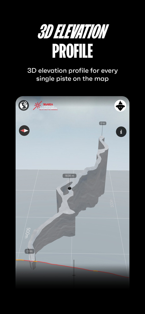 MowiSnow - Interfaz de la aplicación MowiSnow que muestra un perfil de elevación 3D de una pista de esquí