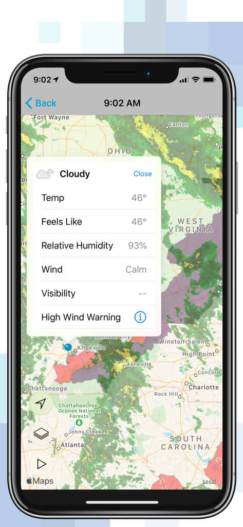 Smartphone screen showing the WeatherSentry app with a weather radar map overlay and a detailed weather report for Knoxville including temperature and high wind warnings
