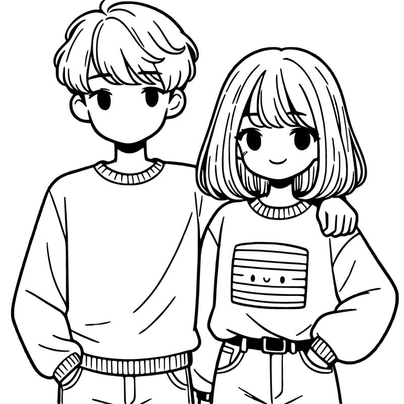 boy with short fluffy hair wearing a sweatshirt putting his arm around a girl with shoulder length straight hair wearing a sweater tucked into jeans