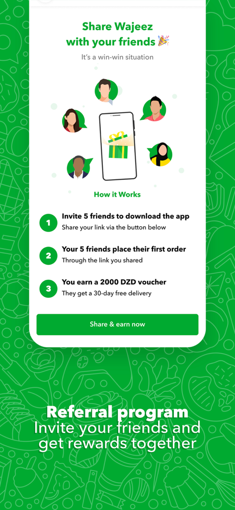 Wajeez app referral program screen explaining how to invite friends and earn vouchers