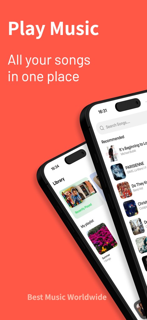 Music  : Cloud Music Streaming - 빨간색 배경의 현대적인 음악 스트리밍 앱의 라이브러리 및 검색 기능을 보여주는 두 개의 iPhone 화면