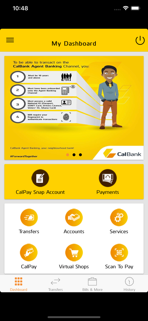 CalBank App - Dashboard of the CalBank App featuring mobile banking services like transfers and payments
