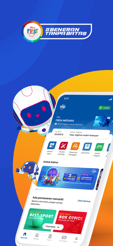 My FirstMedia - My FirstMedia mobile app home screen interface showing account information and service shortcuts with a white and blue robot mascot