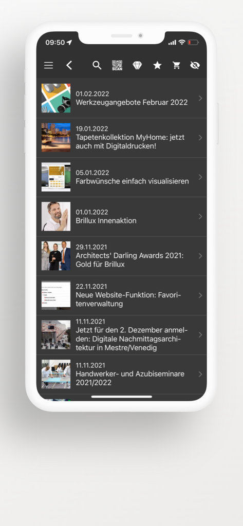Brillux 앱의 뉴스와 도구 제안, 전문가 이벤트 업데이트를 보여주는 모바일 화면