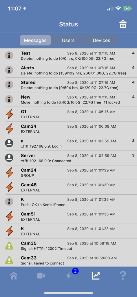 Status screen of the Blue Iris app showing system messages and camera activity logs