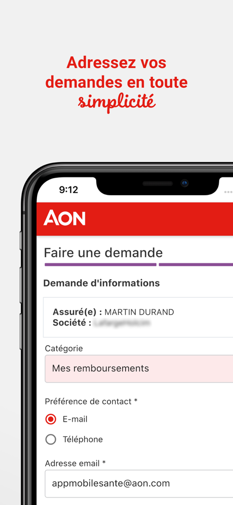 MySante by Aon app interface for submitting health insurance requests and information
