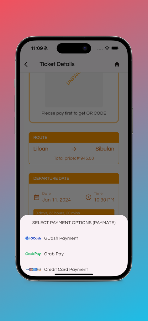 Tripket PH - A mobile screen showing payment options for a ferry ticket in the Tripket PH app including GCash, Grab Pay, and Credit Card