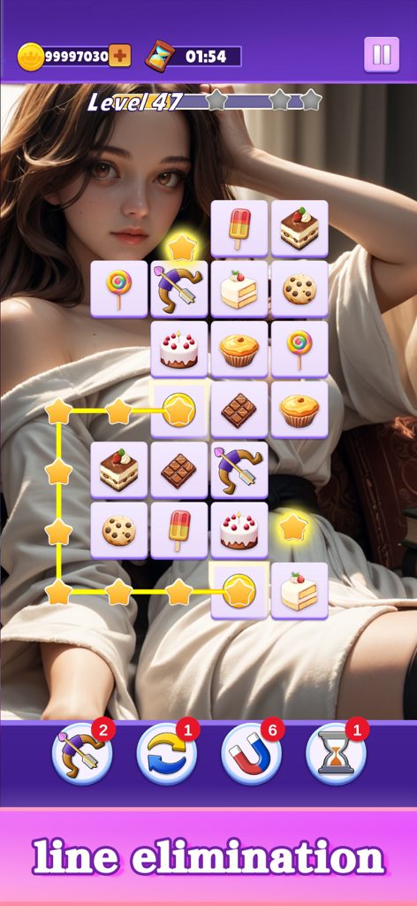 Beauties Onet - Pretty Match - Gameplay of Beauties Onet showing a line elimination puzzle over a portrait of a beautiful woman.