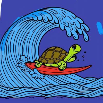 a tortoise surfing on a giant wave