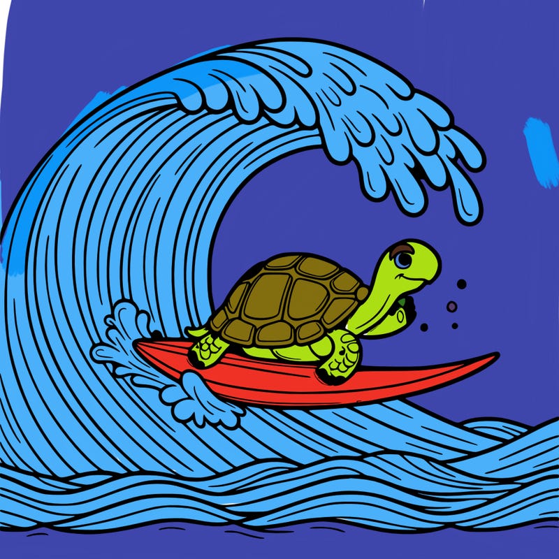 a tortoise surfing on a giant wave