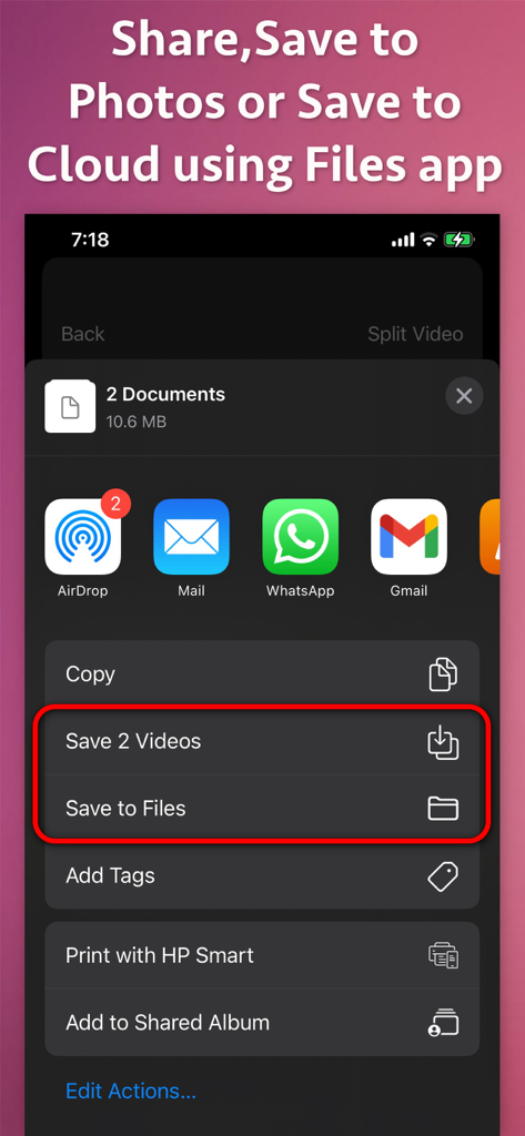 iOS share menu showing options to save split video clips to Photos or Files and share via social media apps