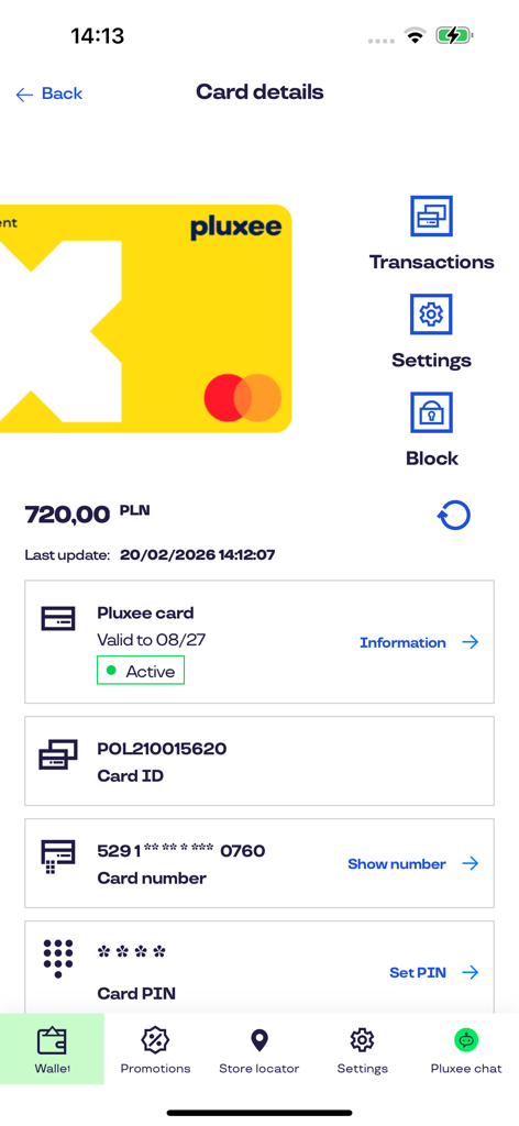 Pluxee Polska - Pantalla de detalles de la tarjeta de la aplicación móvil Pluxee que muestra el saldo de la cuenta y las opciones de seguridad.