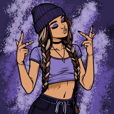 realistic teenage girl with braids and a beanie and crop top doing 🫶🏼