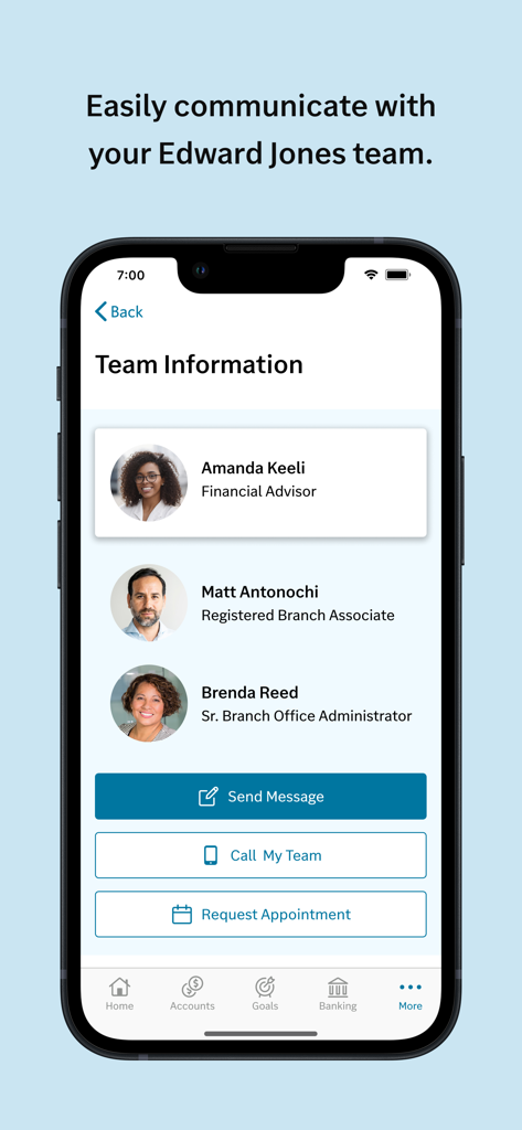 A screenshot of the Edward Jones app Team Information screen showing a financial advisor team and options to message call or request an appointment