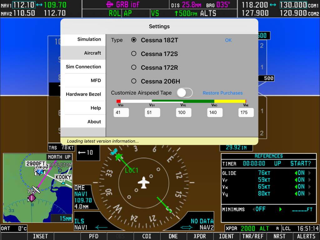 Menú de configuración de la aplicación Simionic G1000 PFD mostrando opciones de selección de tipo de aeronave para varios modelos de Cessna sobre una pantalla de simulador de vuelo