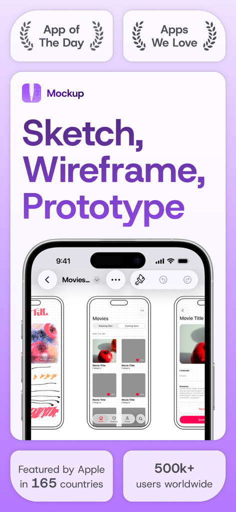 Mockup app interface for sketching and wireframing UI UX designs on an iPhone.