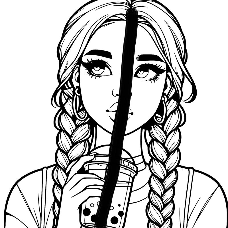 realistic girl with braided hair drinking boba