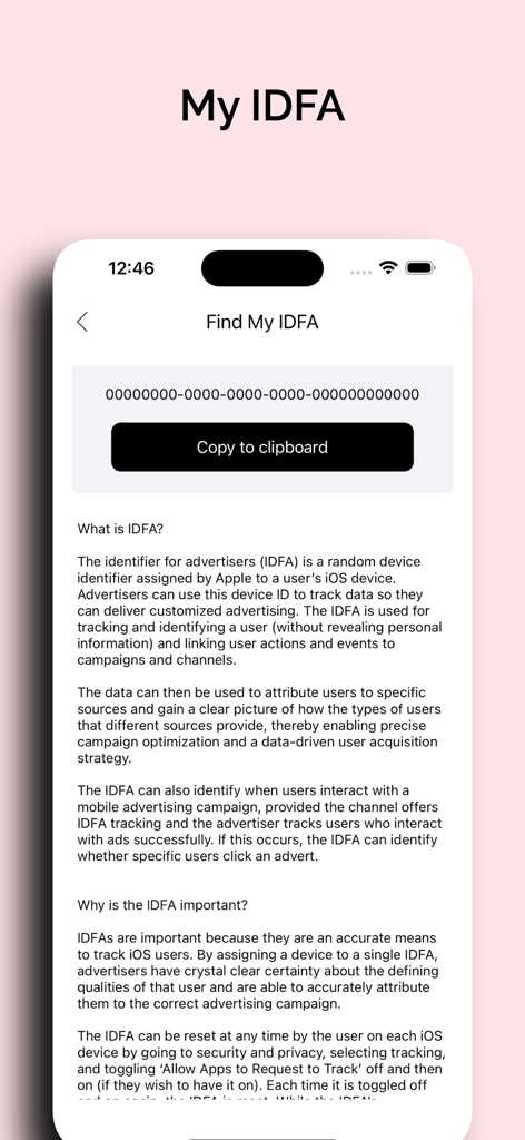 DevBox - Toolbox for Developer - Interface do aplicativo DevBox mostrando a ferramenta localizadora de IDFA com um botão de copiar para a área de transferência