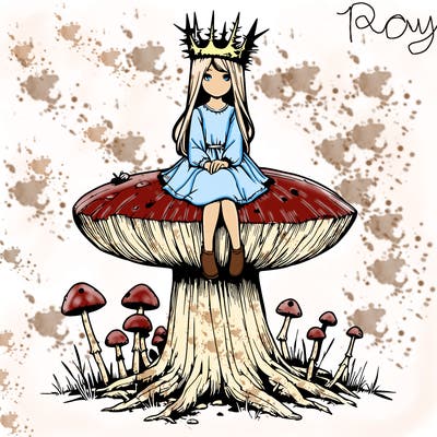 realistic girl sitting on a huge tree stump size toadstool with thorn crown