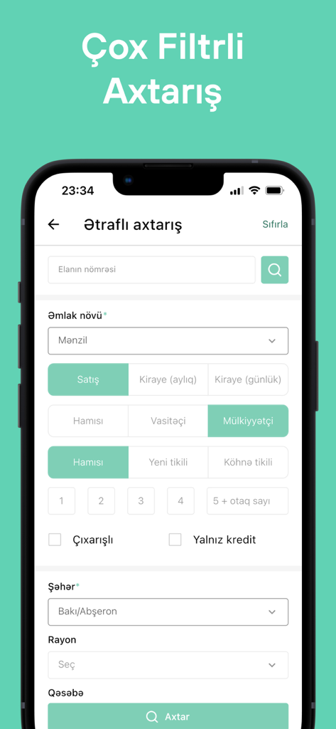 eMakler - eMakler app advanced search interface with real estate listing filters including property type and location