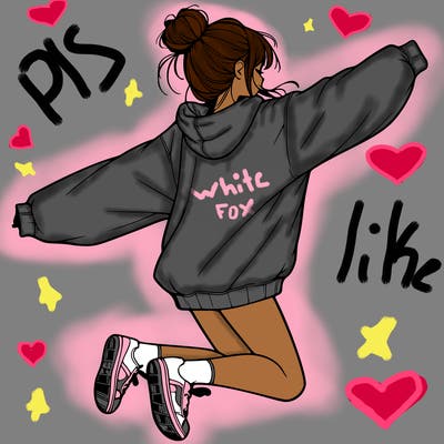 realistic girl jumping with a bun and oversized sweatshirt