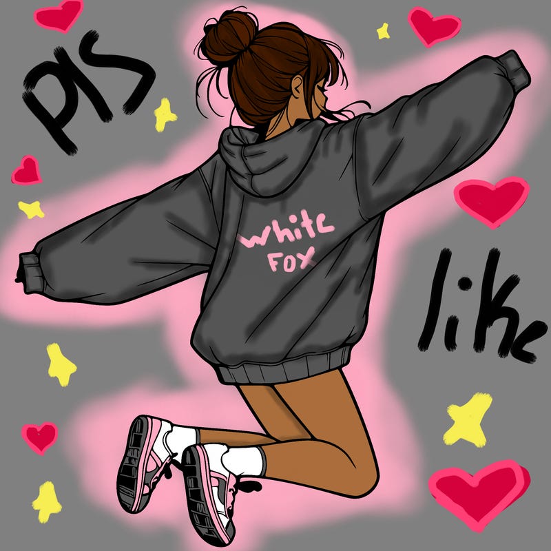realistic girl jumping with a bun and oversized sweatshirt
