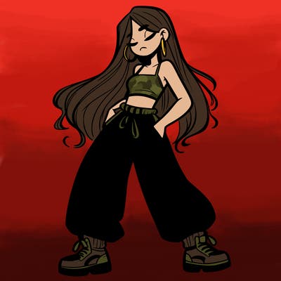 girl in baggy pants crop top and long hair