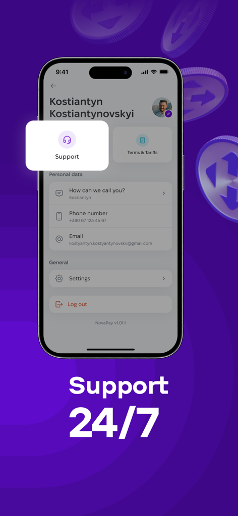 Smartphone-Bildschirm der NovaPay App Profilseite mit Hervorhebung des 24/7-Kundensupports