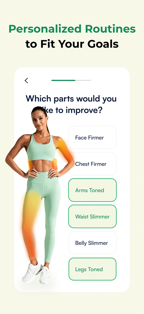 A screenshot of the ZenFit app showing a selection screen for personalized fitness goals such as toning arms and slimming the waist.