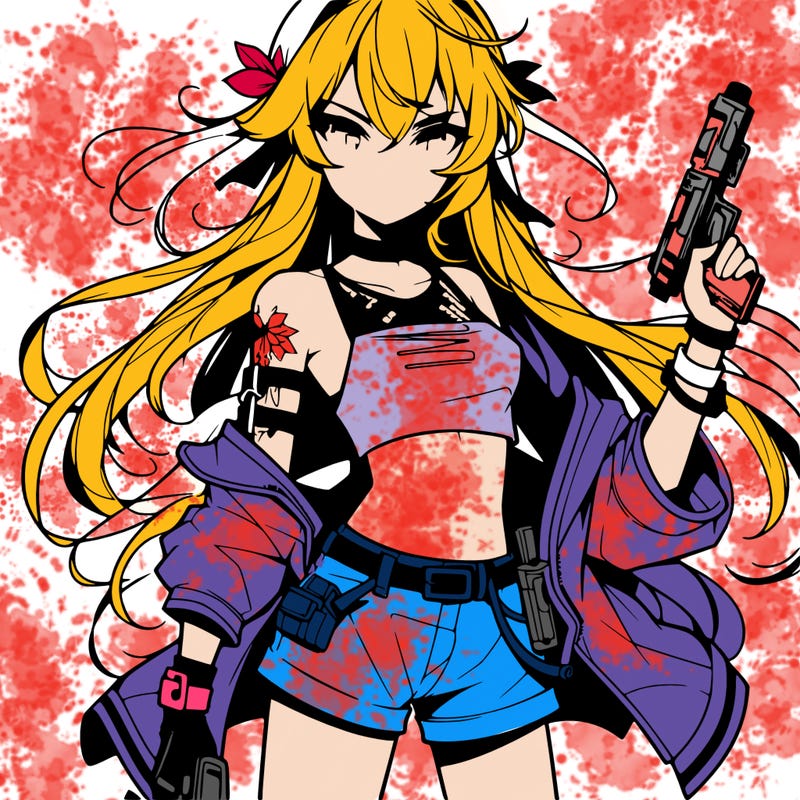 bad girl wearing crop top holding a gun long hair anime