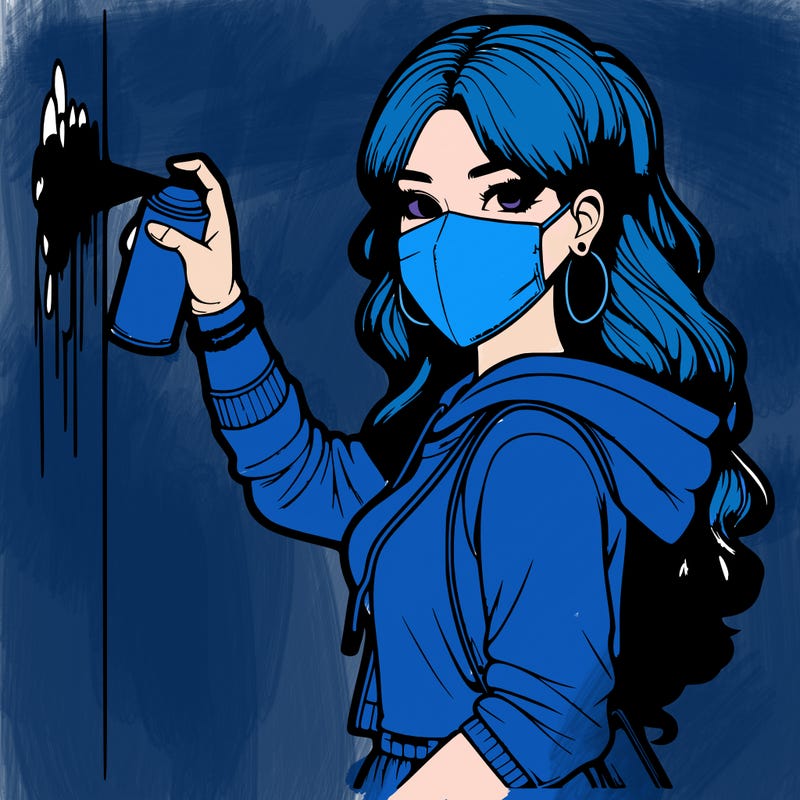 realistic girl with mask spray painting a wall