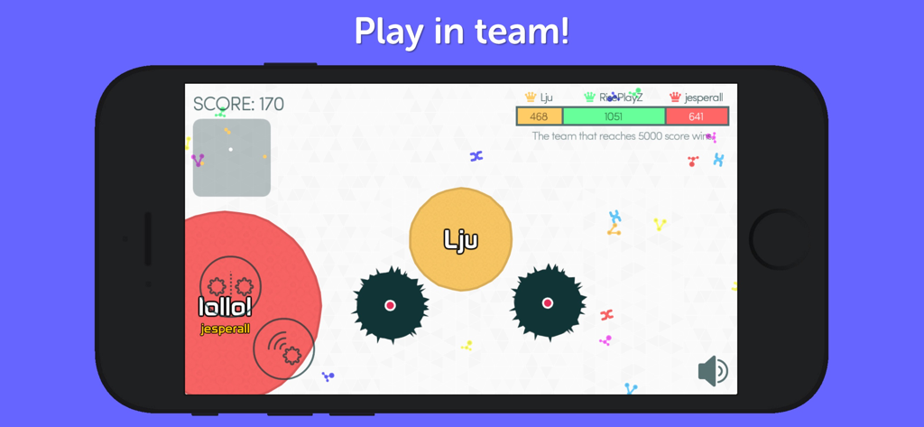 Gameplay screenshot of Mitos.is showing cells in a team battle mode