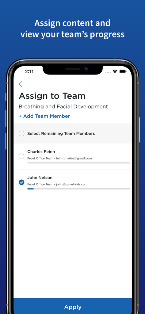 Spear Online app screen for assigning dental education content and tracking team progress