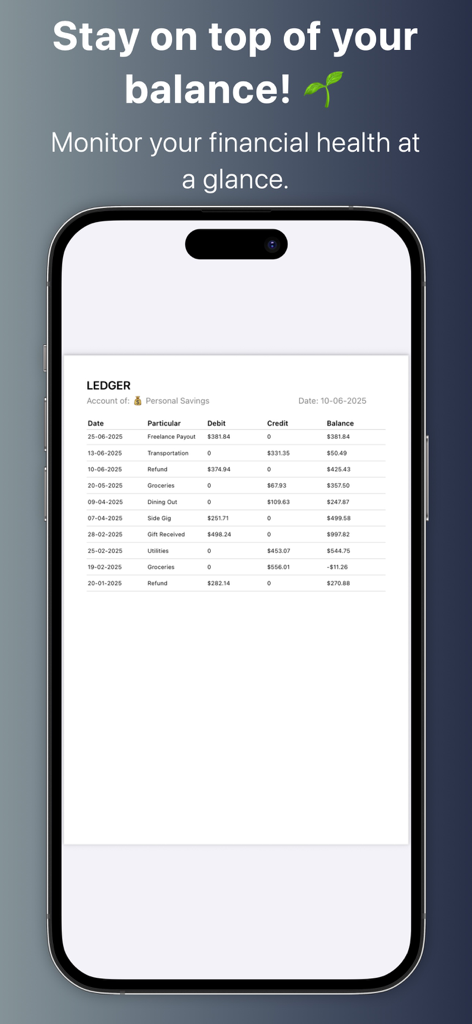 Easy Cashbook : Simple Budget - Mobile app interface showing a detailed financial ledger and balance summary.