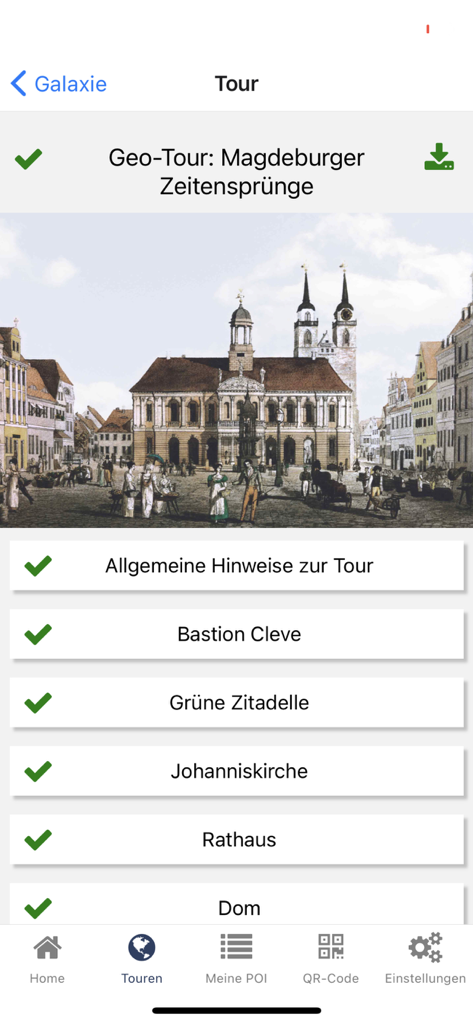 Tourguide Magdeburg - Interfaccia dell'app Tourguide Magdeburg che mostra un elenco di fermate per il tour geo-storico con un'illustrazione vintage della città