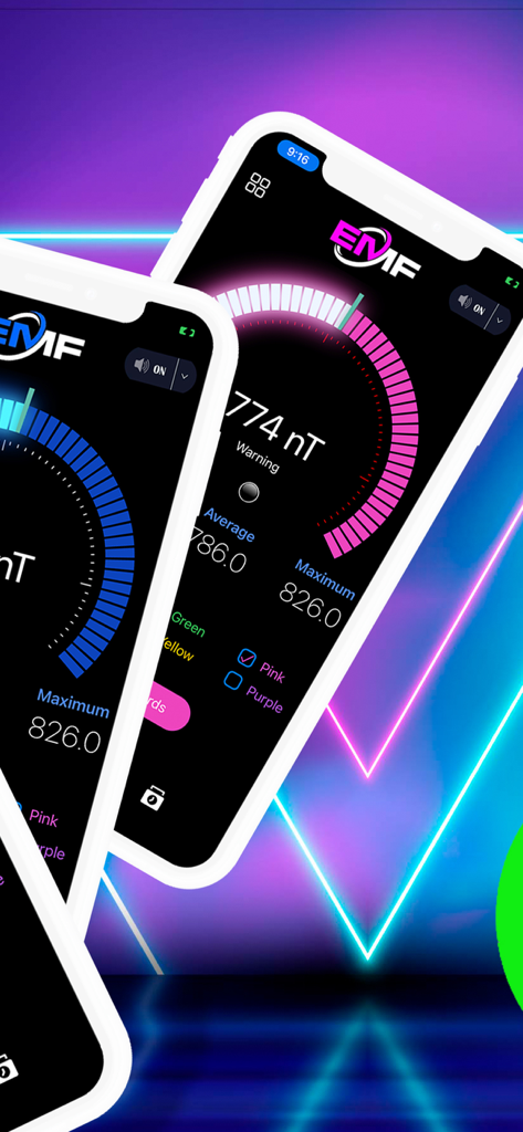 Smartphone screens displaying EMF detector radiation reader app with magnetic field measurements and warning status