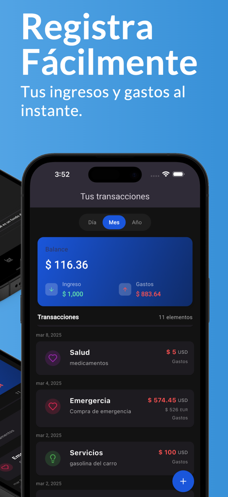 FintixAI - Expense Control IA - FintixAI app transactions screen showing monthly balance and expense categories in dark mode