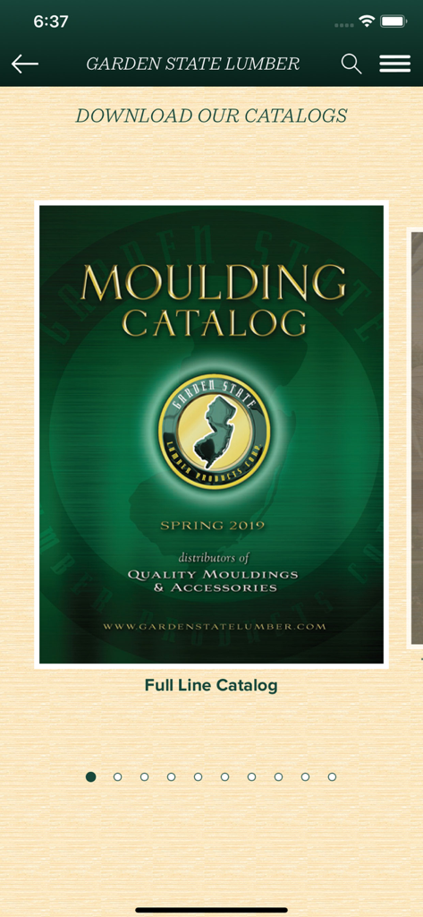 The Garden State Lumber app interface showing a full line moulding catalog available for download
