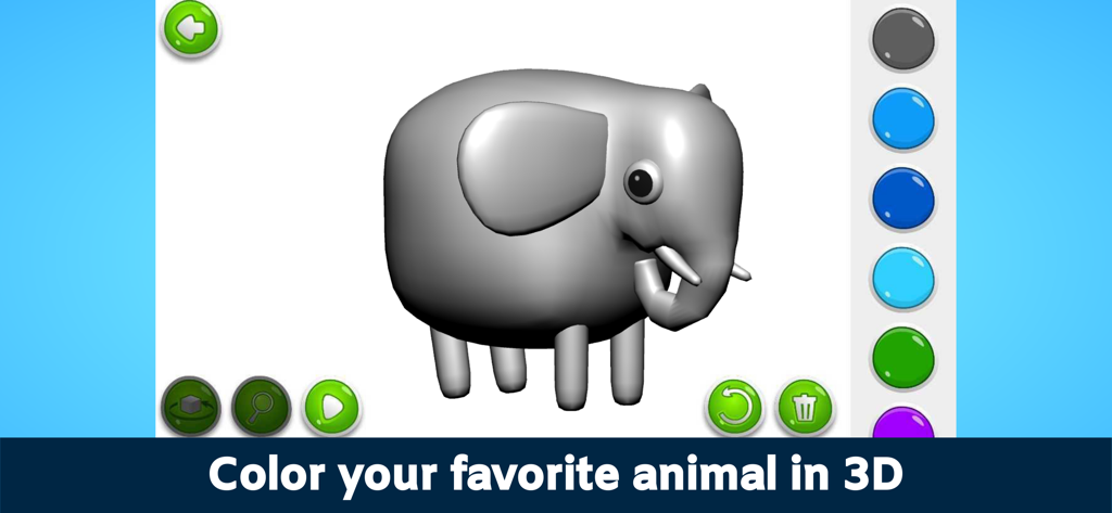 A 3D elephant model in a kids coloring app interface with a colorful paint palette