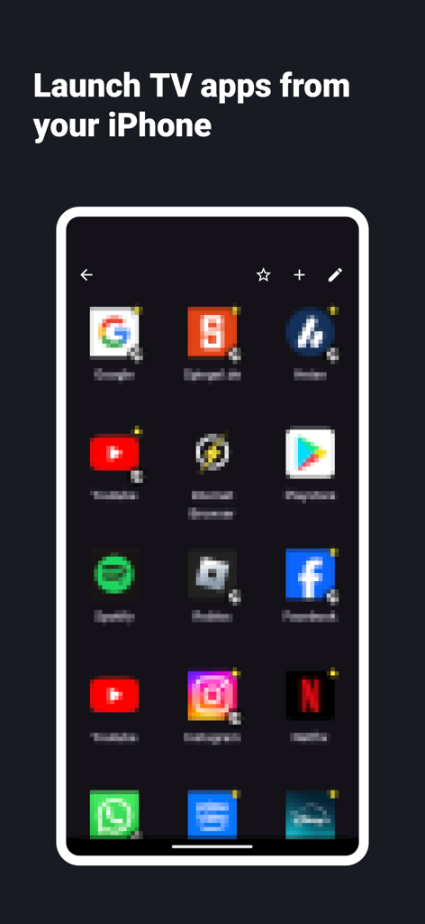 Interface of the Zeus remote app showing a grid of TV apps launchable from an iPhone