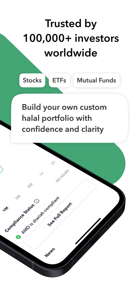 Zoya: Halal Investing App - Interfaz móvil de la aplicación Zoya que muestra el estado de cumplimiento Sharia de las acciones y las opciones para construir una cartera halal.