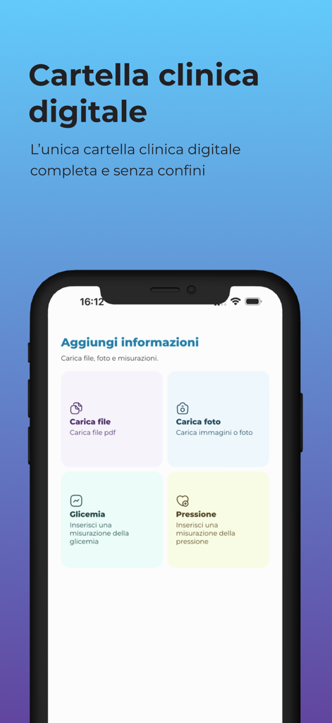 DataMed - Interfaz de la aplicación DataMed que muestra opciones para subir archivos médicos y fotos junto con el seguimiento de glucosa y presión arterial