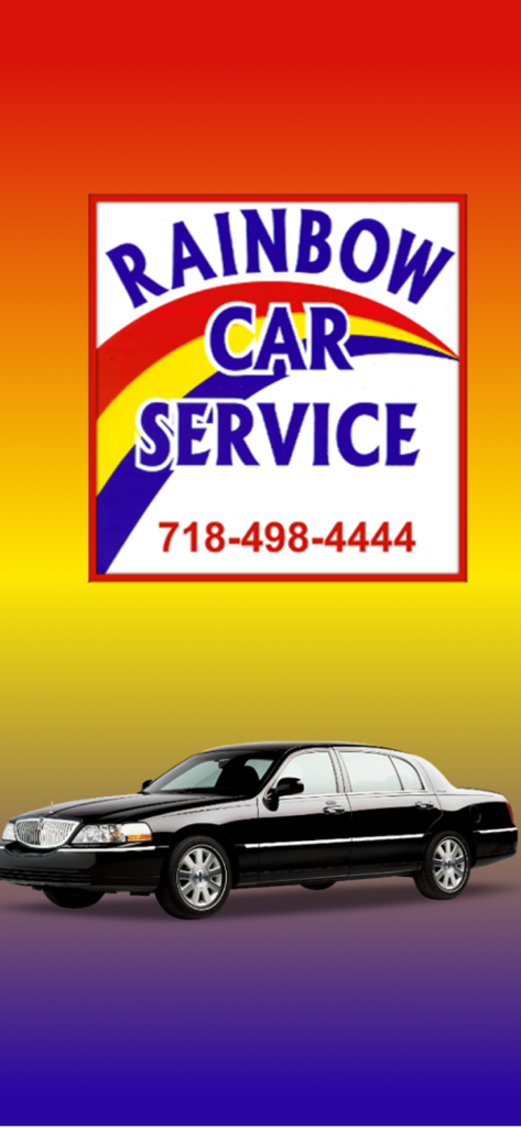 Rainbow Car Service - Rainbow Car Service app splash screen featuring the company logo and a black luxury sedan on a colorful gradient background