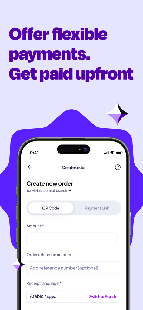 Tamara Business app interface showing the create new order screen for merchants to offer flexible payment options