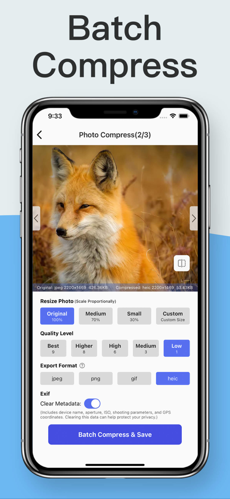 Photo Compress & Resize Images - Interface para compressão e redimensionamento em lote de fotos em um iPhone