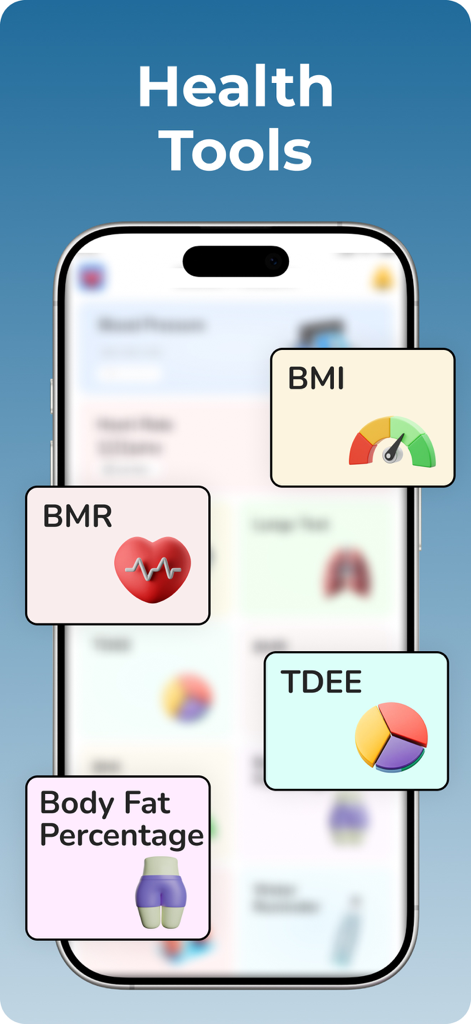 Blood Pressure Tracker Bp log - Schermata dell'app mobile che mostra strumenti per il monitoraggio di IMC, BMR, TDEE e percentuale di grasso corporeo.